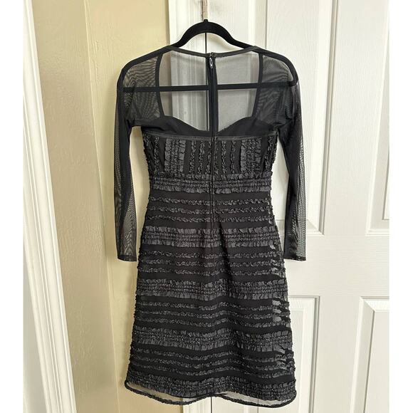 Vintage Tadashi‎ Black Mini Dress Long Sleeve Mesh Ruffle Trim Party Cocktail - Picture 2 of 11